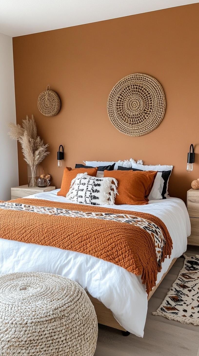 23 Recherent atmospheric Boho bedroom ideas for copying 67 22. Kühne Terracotta Wades with patterned bed widths and cozy lights-1