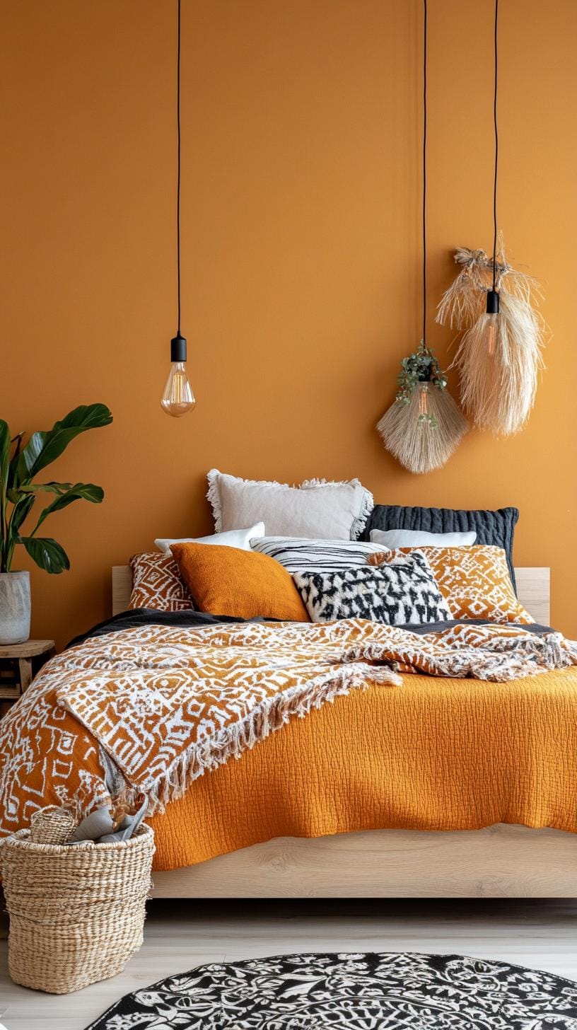 23 Recherent atmospheric Boho bedroom ideas for copying 68 22. Kühne Terracotta Wades with patterned bed widths and cozy lights-2