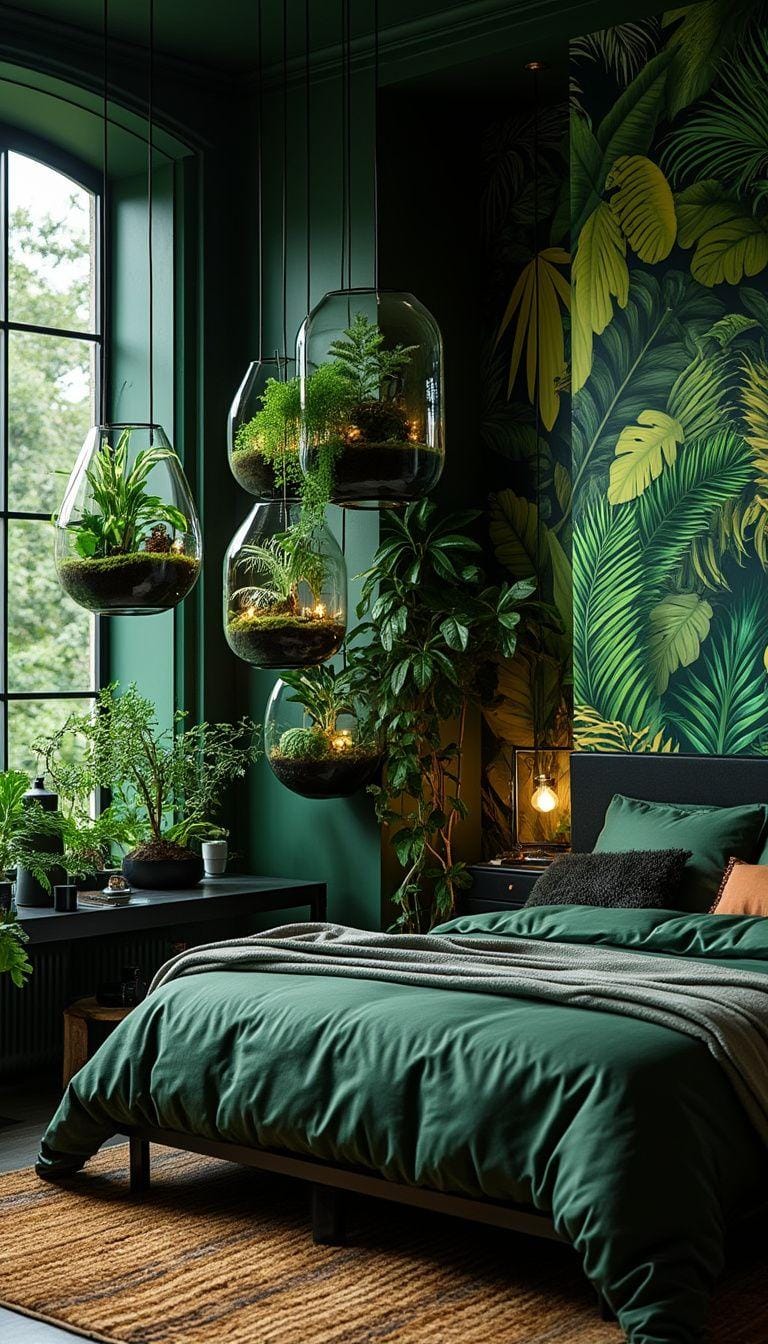 20 elegant black and green bedroom ideas that you have to see 24 8. Botanical Burst: Design a room with black terrariums with green against jungle-inspired wall painting-0