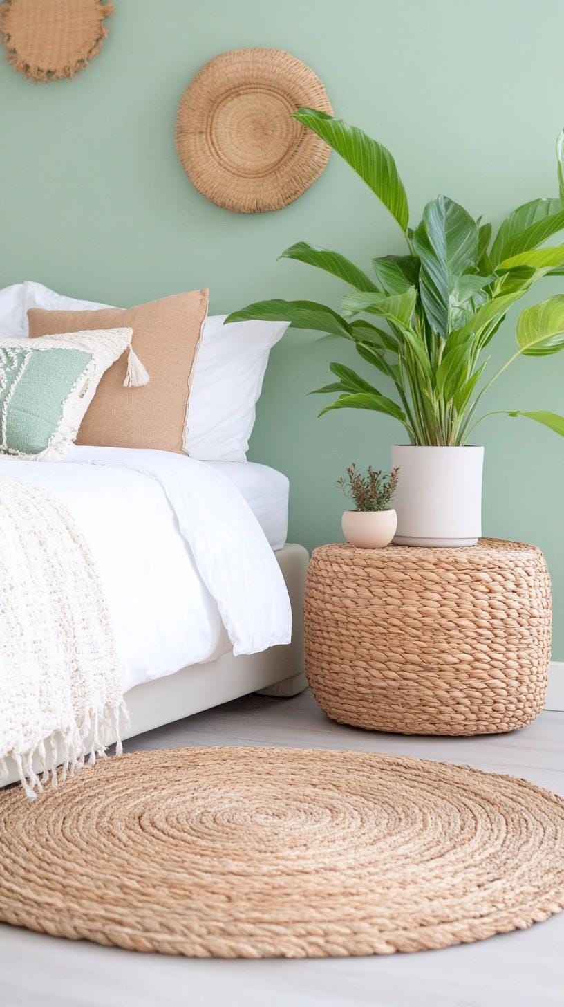25 einzigartige Salbei grüne Boho Schlafzimmer Ideen für 2025 6 2. Botanische Oase: Verwenden Sie üppige Topfpflanzen neben Salbeigrünwänden und natürlichen Faserkörben für ein beruhigendes natürliches Retreat-0