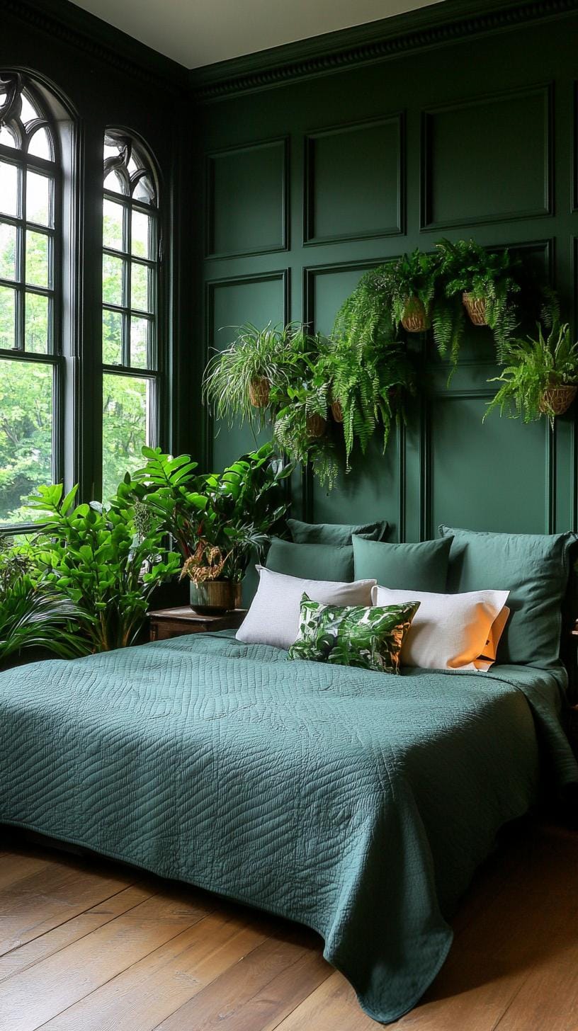 20 moody green bedroom ideas for a cozy retreat 10 3 .. Botanical sanctuary: Different green tones with lush inner plants against the background of moss color walls-0