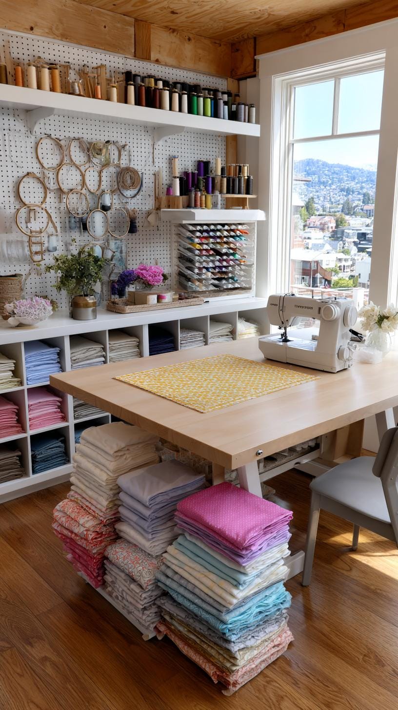 25 Bastelraumideen mit genialen Organisation und Dekor -Tipps 58 21. Helles Nähraum mit Pegboard und Stickgeräte-2