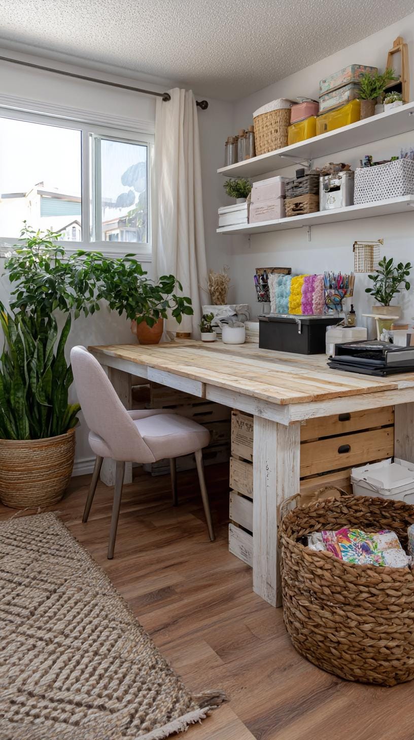 31 Home Office Ideas to Upgrade Your Work From Home Setup 76 28. Budget-friendly workspace with DIY desk and crates-0