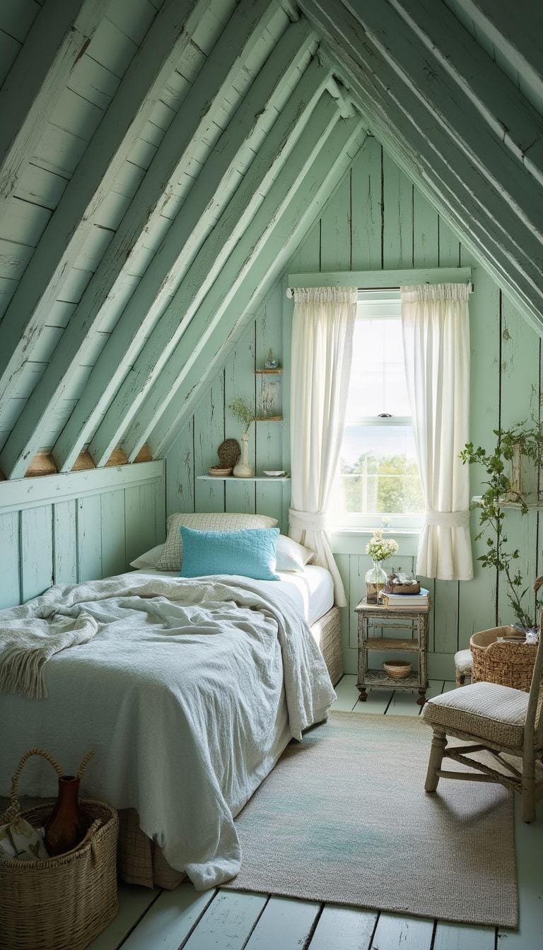 21 sweet attic bedroom ideas that you will love 9 3. Build a relaxing coastal house with soft blue and green with weathered wooden accents-0