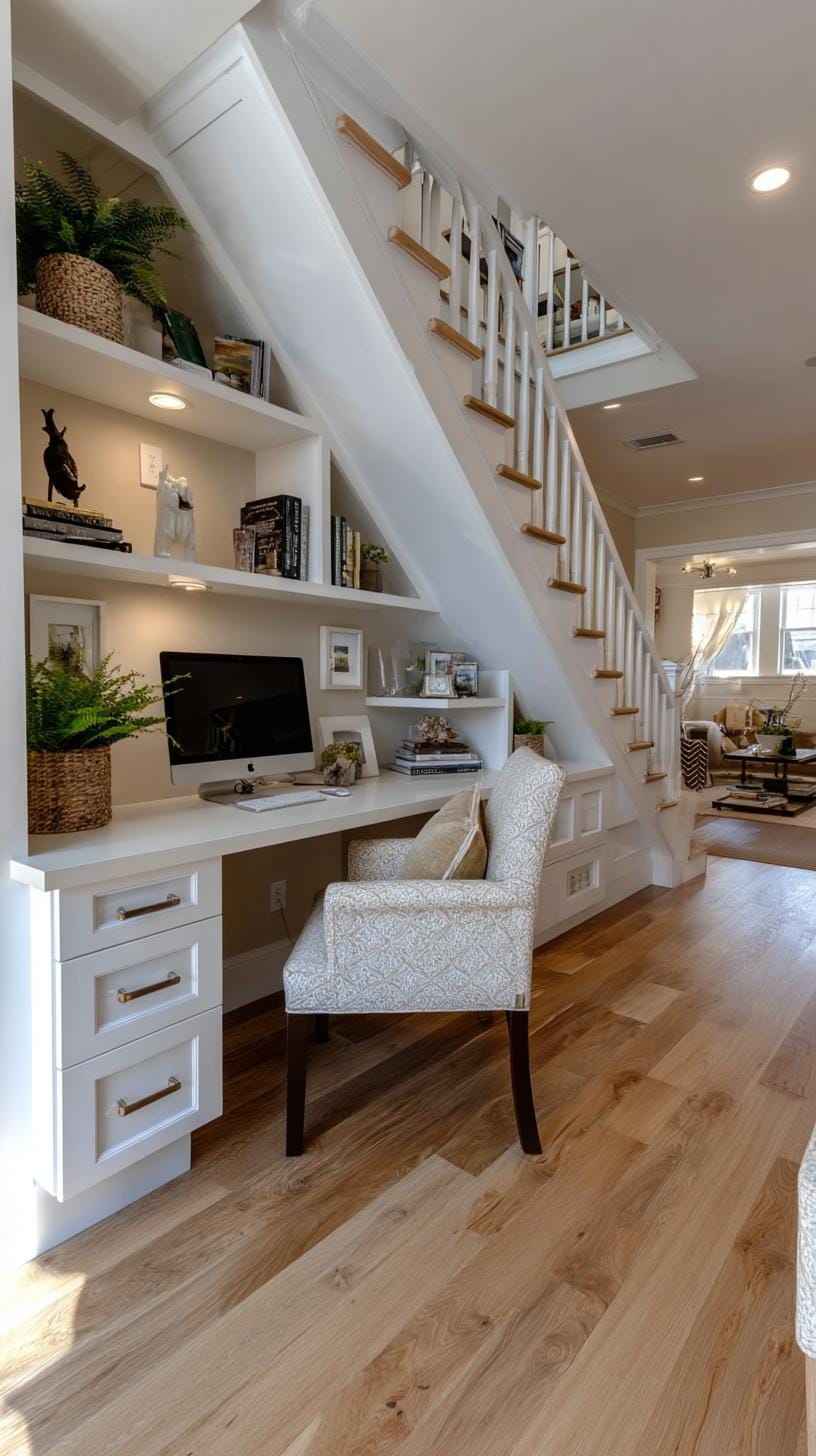 31 Home Office Ideas to Upgrade Your Work From Home Setup 14 4. Built-in home office nook under the staircase-0