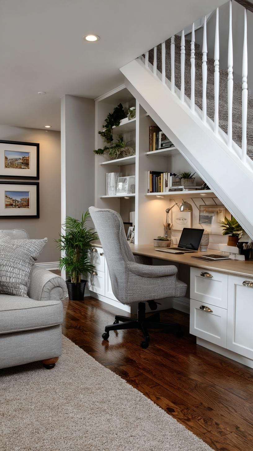 31 Home Office Ideas to Upgrade Your Work From Home Setup 15 4. Built-in home office nook under the staircase-1