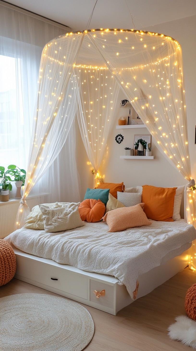 20 beautiful Boho bedroom for teenagers: ideas for 2025 12 4. Canopy Dreamscape: Create a dreamy ambience with a sheer roof over the bed and sparkling fairy lights with 0 with 0
