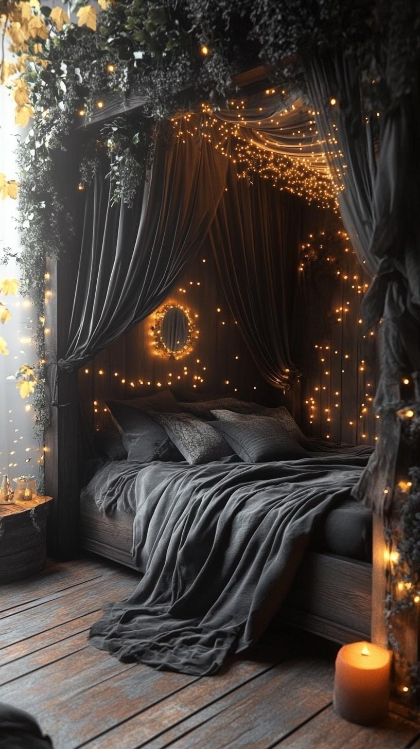 23 Recherent atmospheric Boho bedroom ideas for copying 22 7. Baldachin bed with heavy curtains and ambient damage light 1