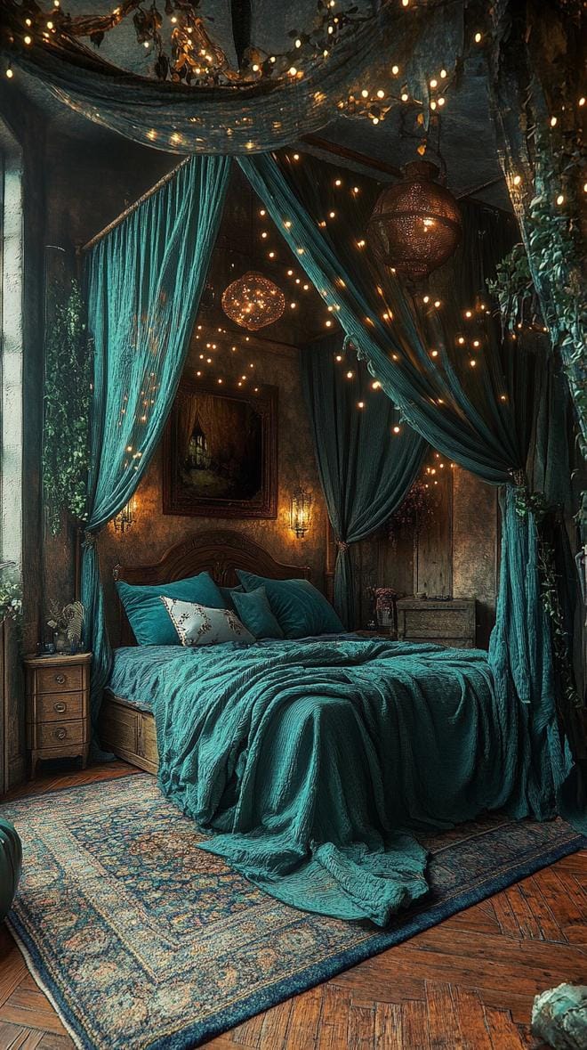 23 Atmospheric Boho bedroom ideas for copying 23 7. Baldachin bed with heavy curtains and ambient ceremony lights-2