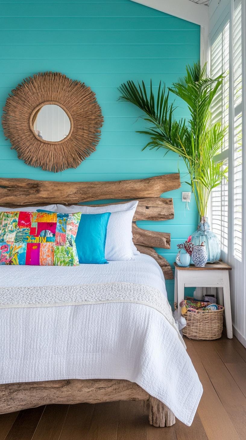21 Best Blue Boho bedroom ideas to inspire them 45 14. Caribbean calm: emulate tropical blues with driftwood inspired head parts and patchwork quilt-bed linen-0