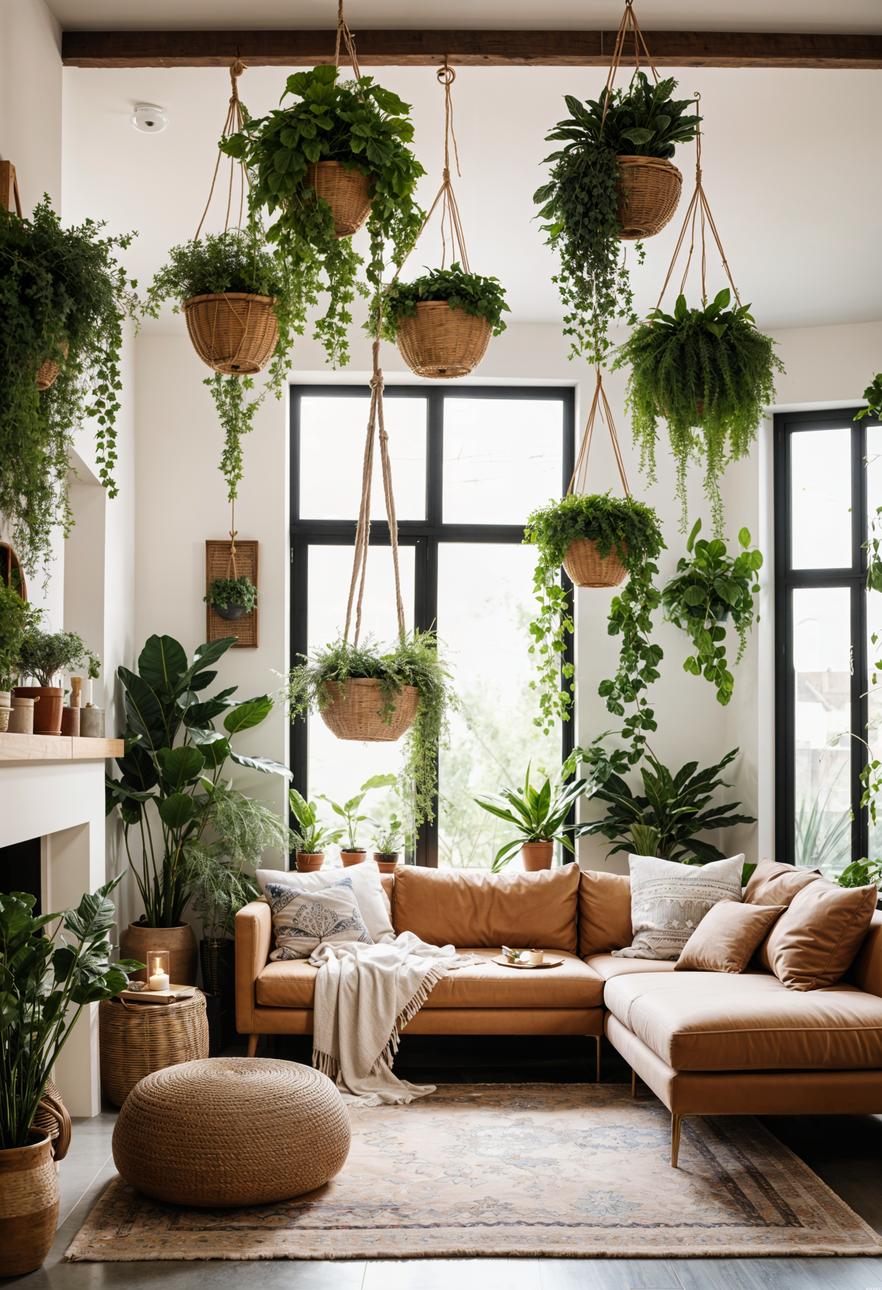 45 Chic & Modern Boho Living Room Ideas To Copy 51 22. Ceiling-Hung Plant Baskets: Greenery Decor-0