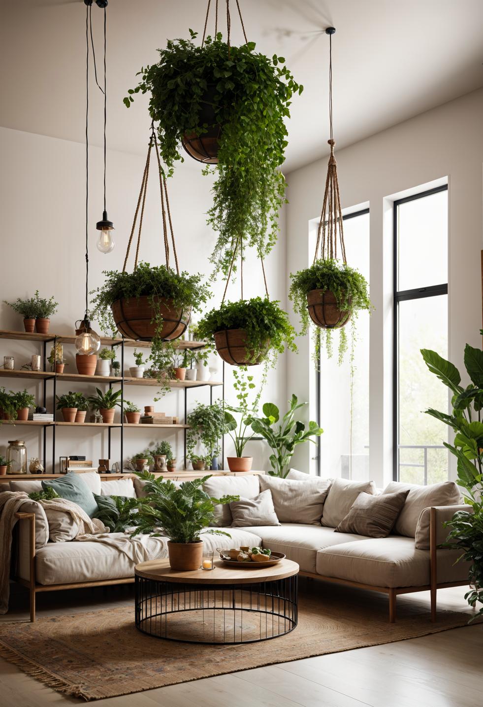 45 Chic & Modern Boho Living Room Ideas To Copy 52 22. Ceiling-Hung Plant Baskets: Greenery Decor-1