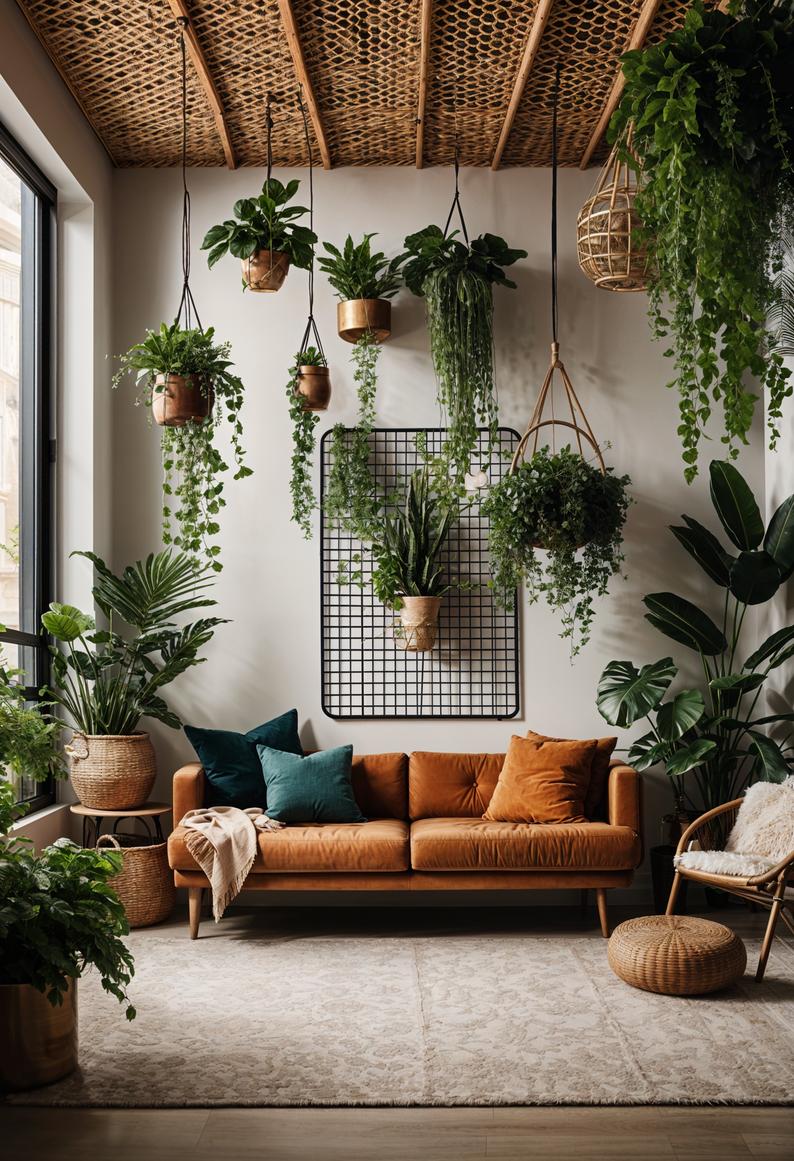 45 Chic & Modern Boho Living Room Ideas To Copy 74 34. Ceiling Plant Hanging Grid Ideas-0