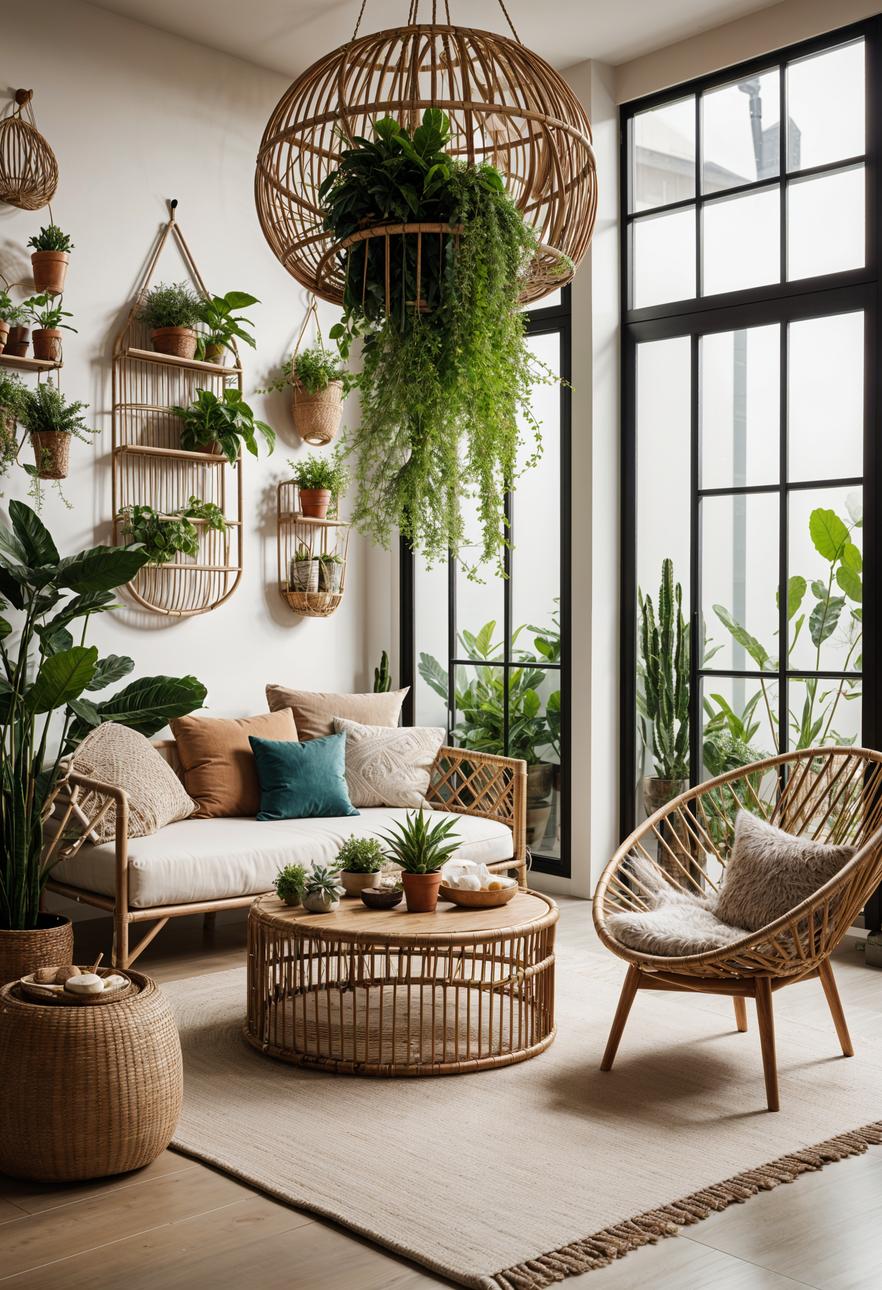45 Chic & Modern Boho Living Room Ideas To Copy 75 34. Ceiling Plant Hanging Grid Ideas-1