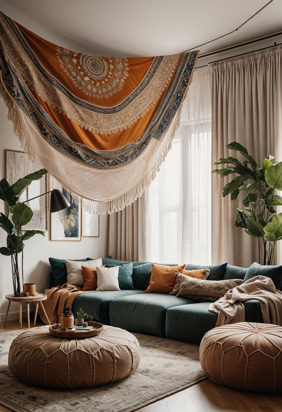 45 Chic & Modern Boho Living Room Ideas To Copy 88 43. Ceiling Tapestry Idea: Boho Chic-0