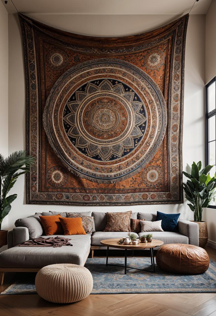 45 Chic & Modern Boho Living Room Ideas To Copy 89 43. Ceiling Tapestry Idea: Boho Chic-1