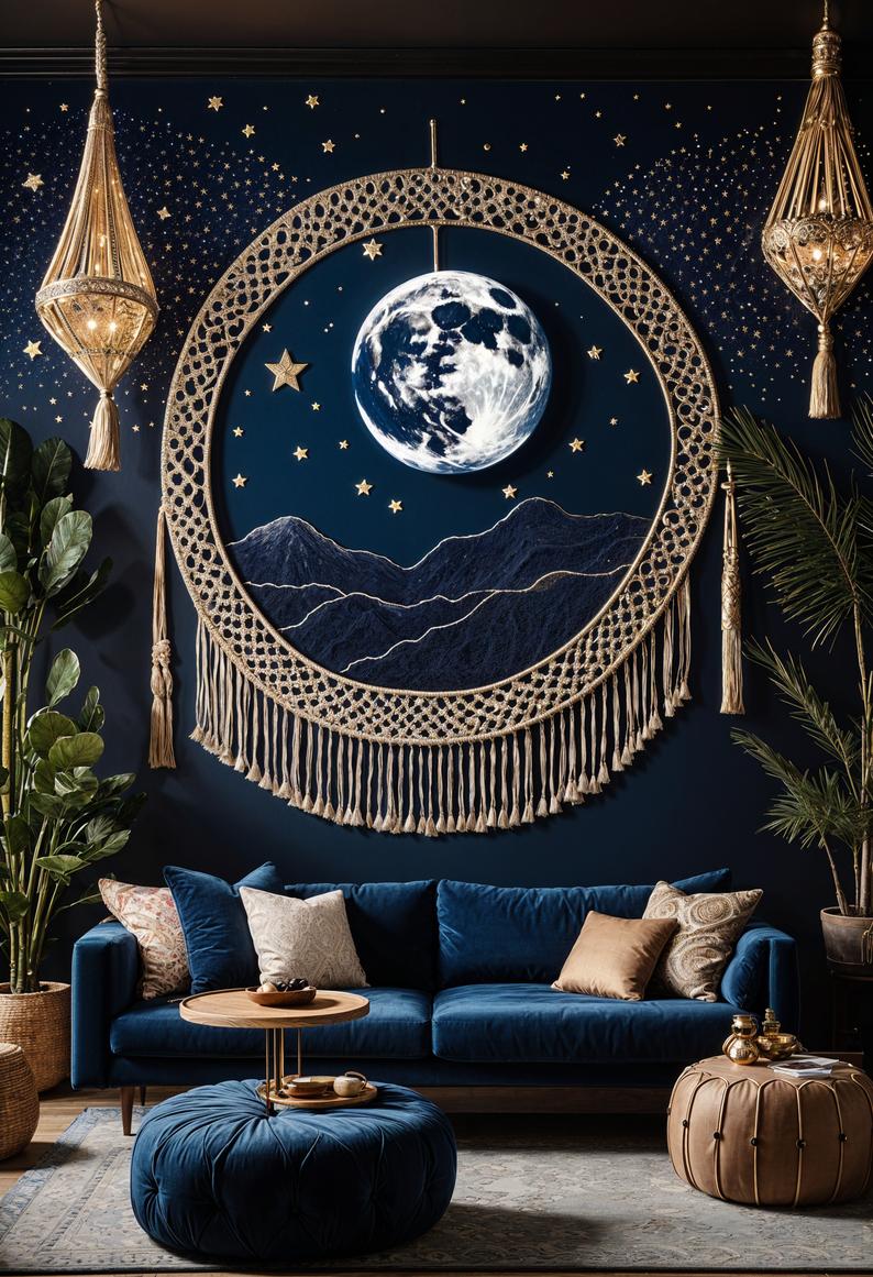 35 Gorgeous Dark Boho Living Room Inspirations 24 15. Celestial Boho Living Room-1