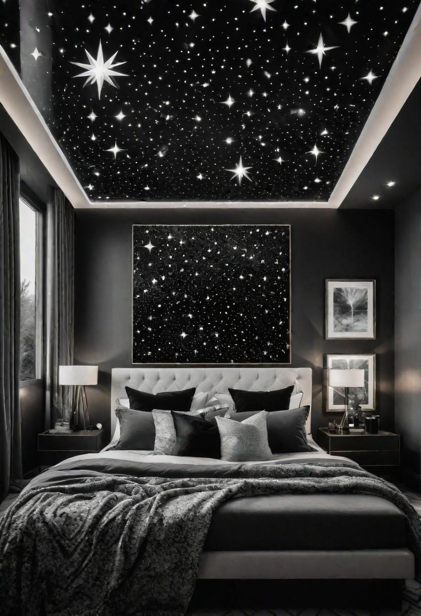 45 Black and White Bedroom Ideas for Timeless Elegance 45 43. Celestial Dream: Starry Night Vibes-0