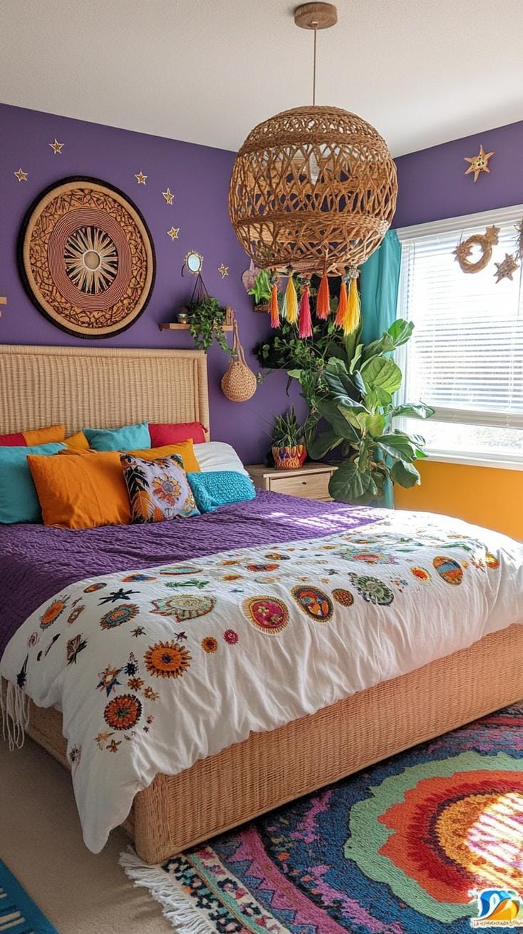 21 colorful boho bedroom ideas for a bizarre hippie mood 31 11. Heavenly Dreamscape: Heavenly Blues and PurPur with star motifs and constellation decor-0 infuse.