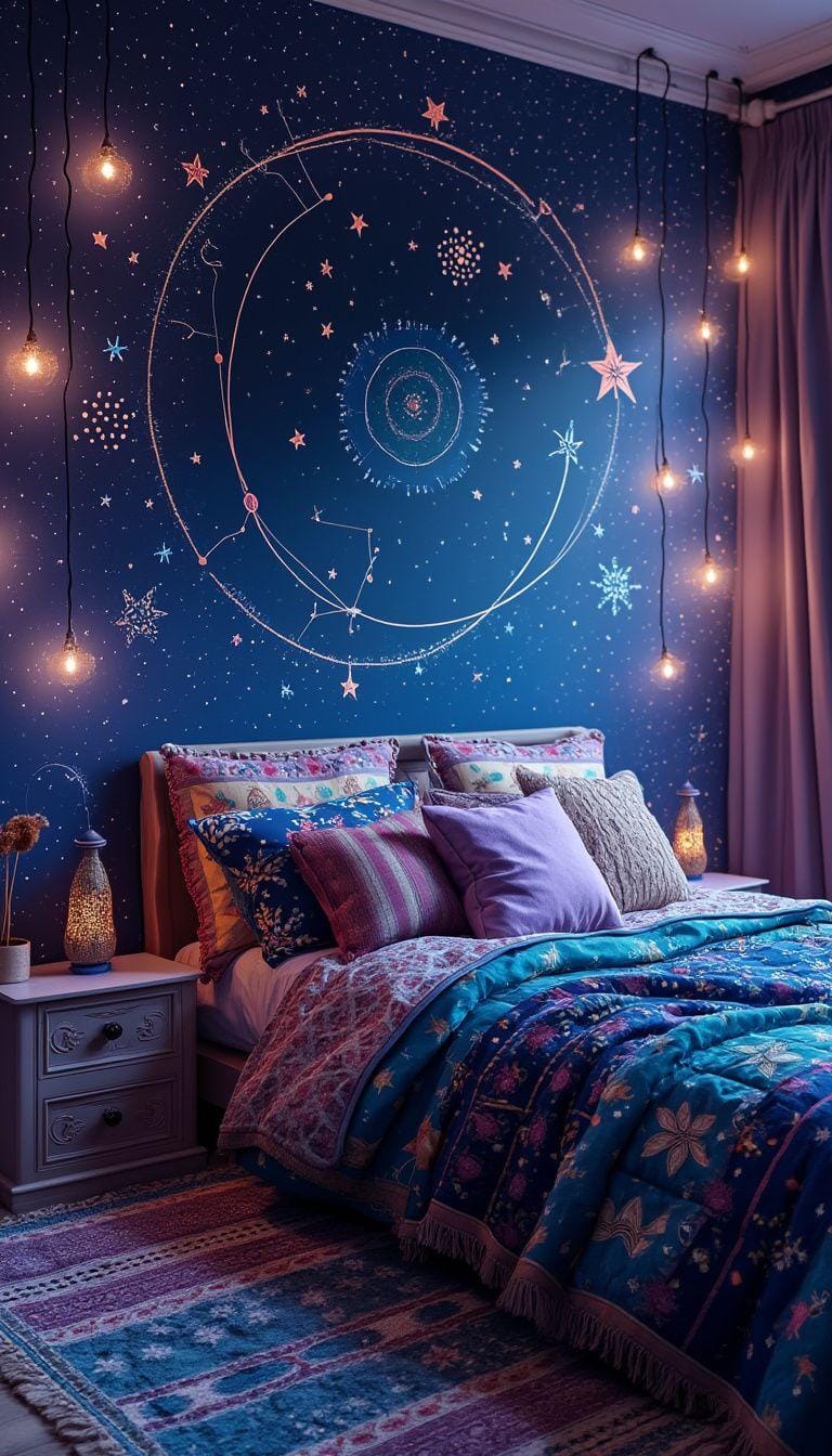 21 colorful boho bedroom ideas for a bizarre hippie -vibe 32 11. Heavenly Dreamscape: Infuse Celestial Blues and Purpur with star motifs and constellation decor