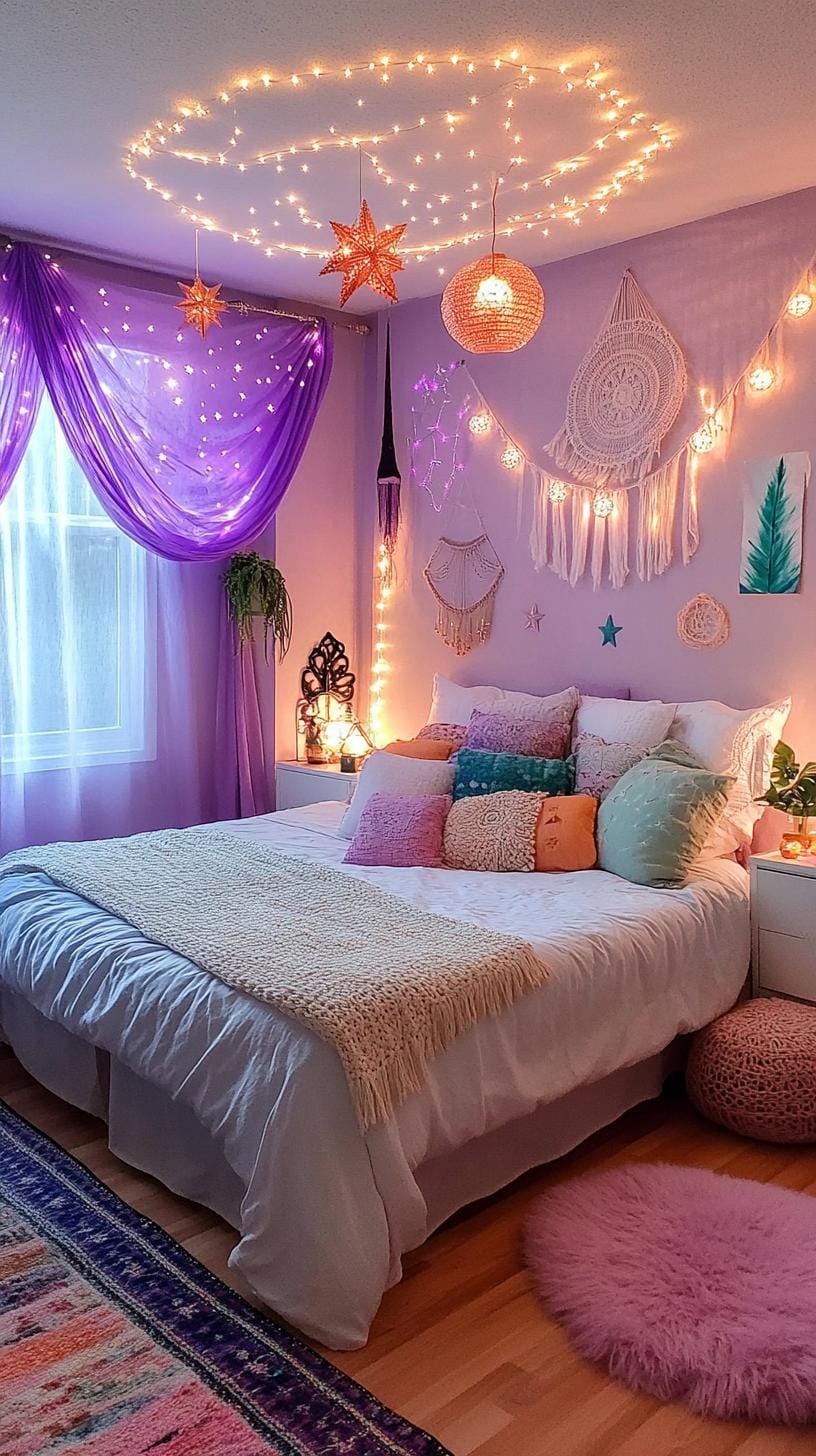 21 colorful boho bedroom ideas for a bizarre hippie -vibe 33 11. Heavenly Dreamscape: Infuse Celestial Blues and Purpur with star motifs and constellation decor