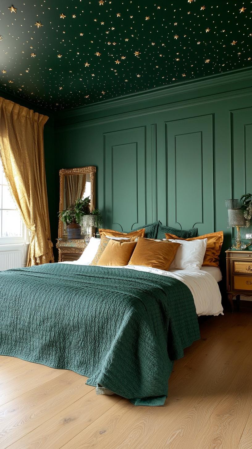 20 moody green bedroom ideas for a cozy retreat 54 17. Heavenly night: combine the starlit ceiling with midnight green accents and metallic decorations-0