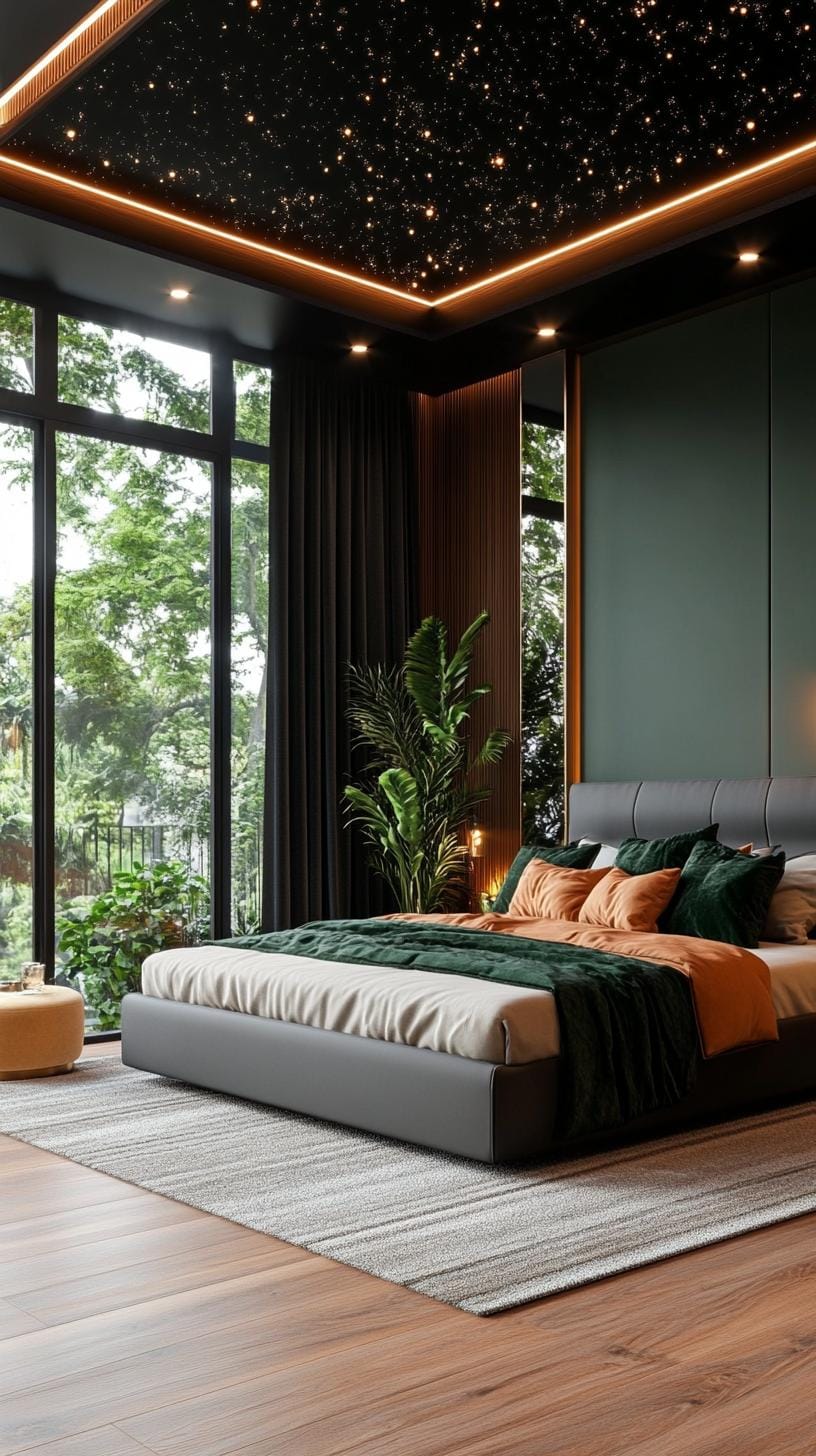 20 moody green bedroom ideas for a cozy retreat 55 17. Heavenly night: combine the starlit ceiling with midnight green accents and metallic decorations-1