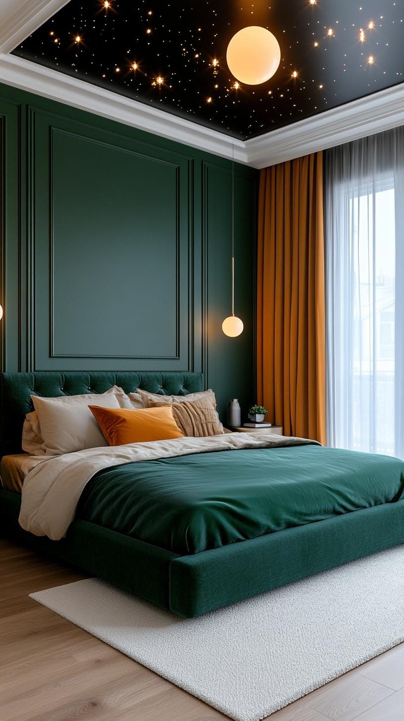 20 moody green bedroom ideas for a cozy retreat 56 17. Heavenly night: combine the starlit ceiling with midnight green accents and metallic decorations-2