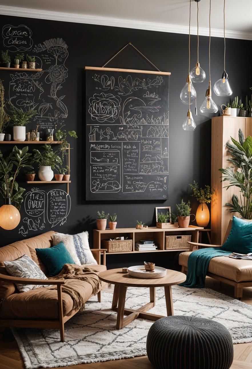 45 Chic & Modern Boho Living Room Ideas To Copy 72 33. Chalkboard Wall Interaction in Boho Living Room-0