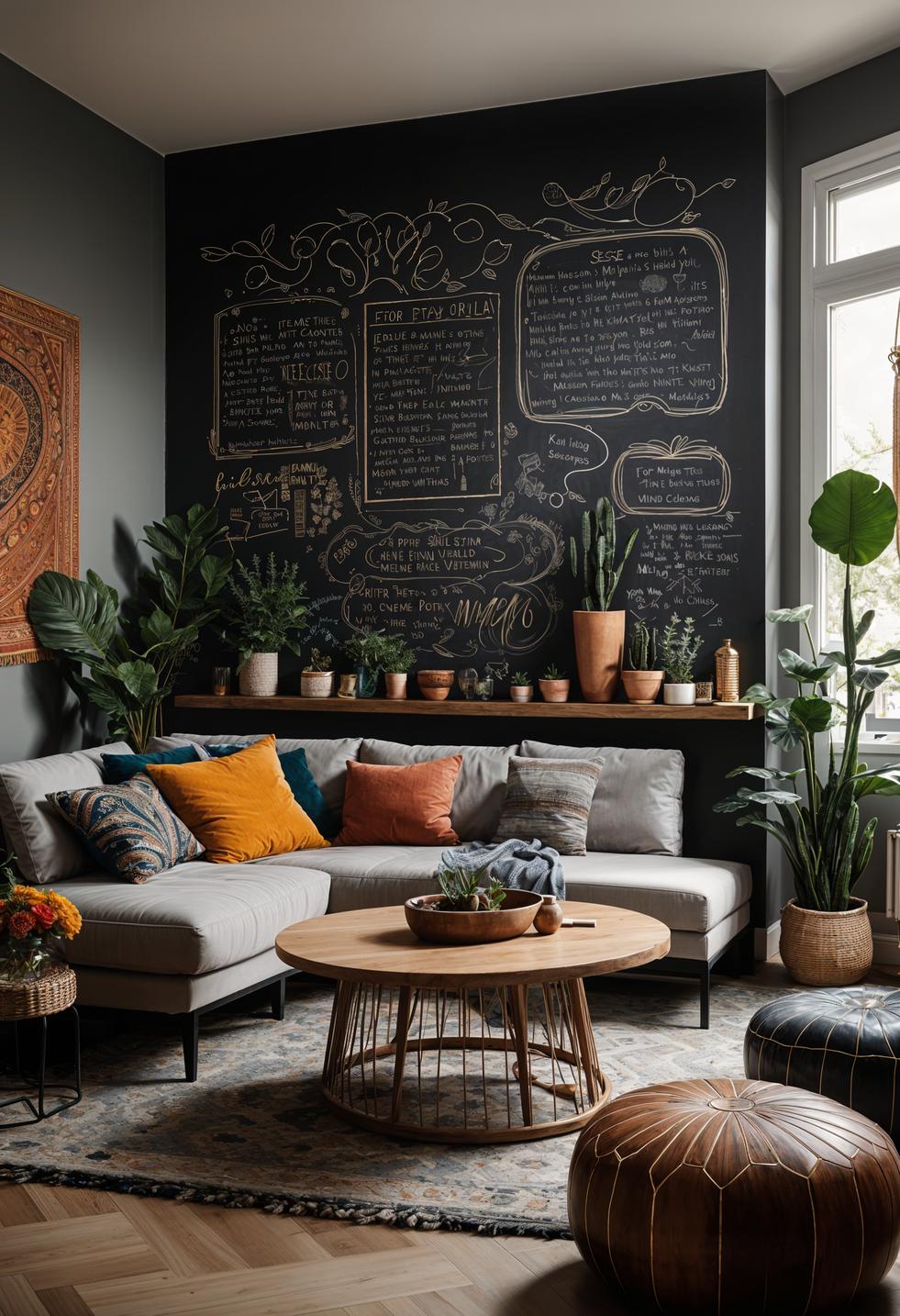 45 Chic & Modern Boho Living Room Ideas To Copy 73 33. Chalkboard Wall Interaction in Boho Living Room-1