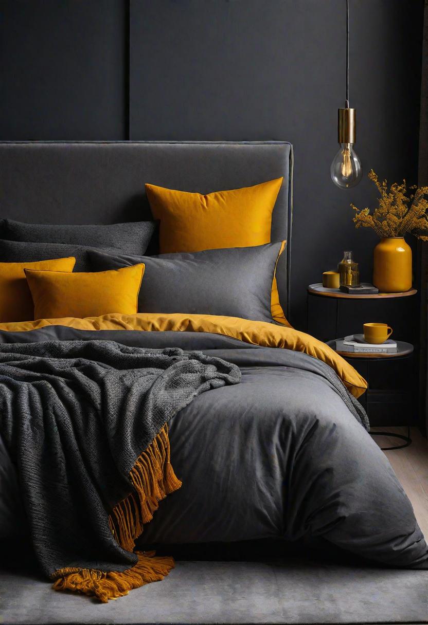 47 Stunning Grey Bedroom Ideas for An Elegant Bedroom Design 5 3. Charcoal & Mustard Bedroom Inspo-0