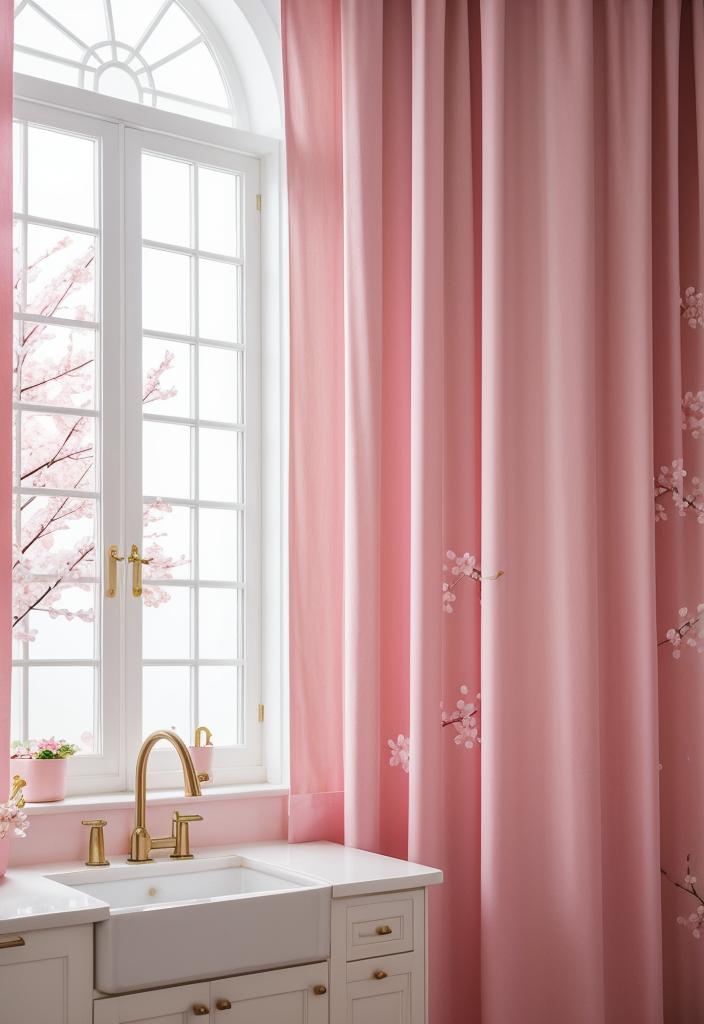 35 Charming Pink Kitchen Ideas: a Feminine Flair in Your Cooking Space 7 5. Cherry Blossom Curtain Trends-0