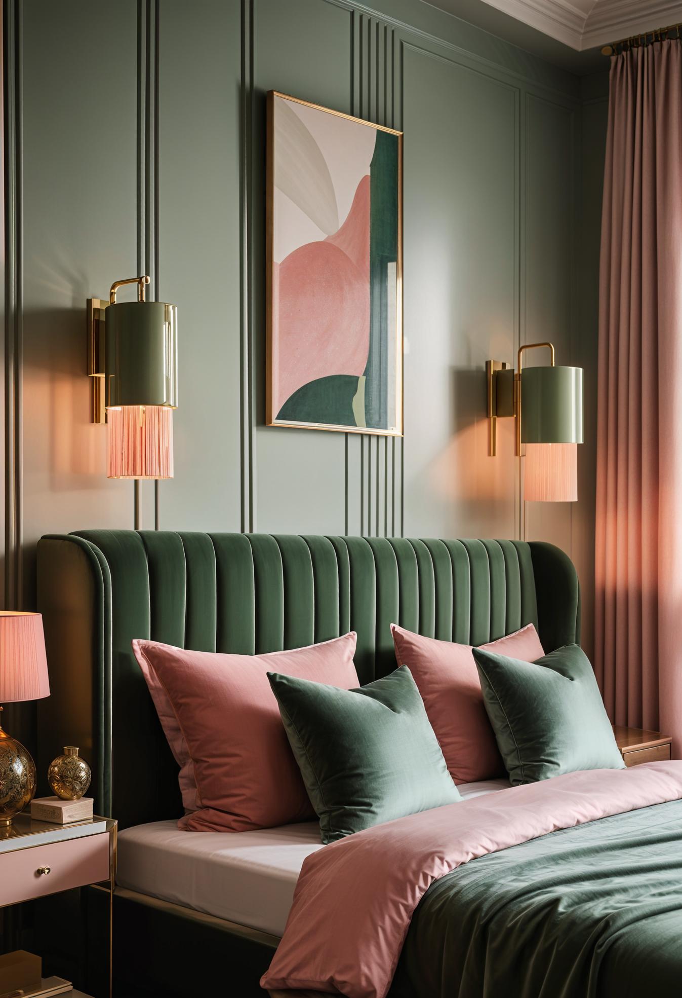 31 Chic Sage Green and Pink Bedroom Inspirations 33 22. Chic Bedroom Lamp Pairing for Art Deco Style-0