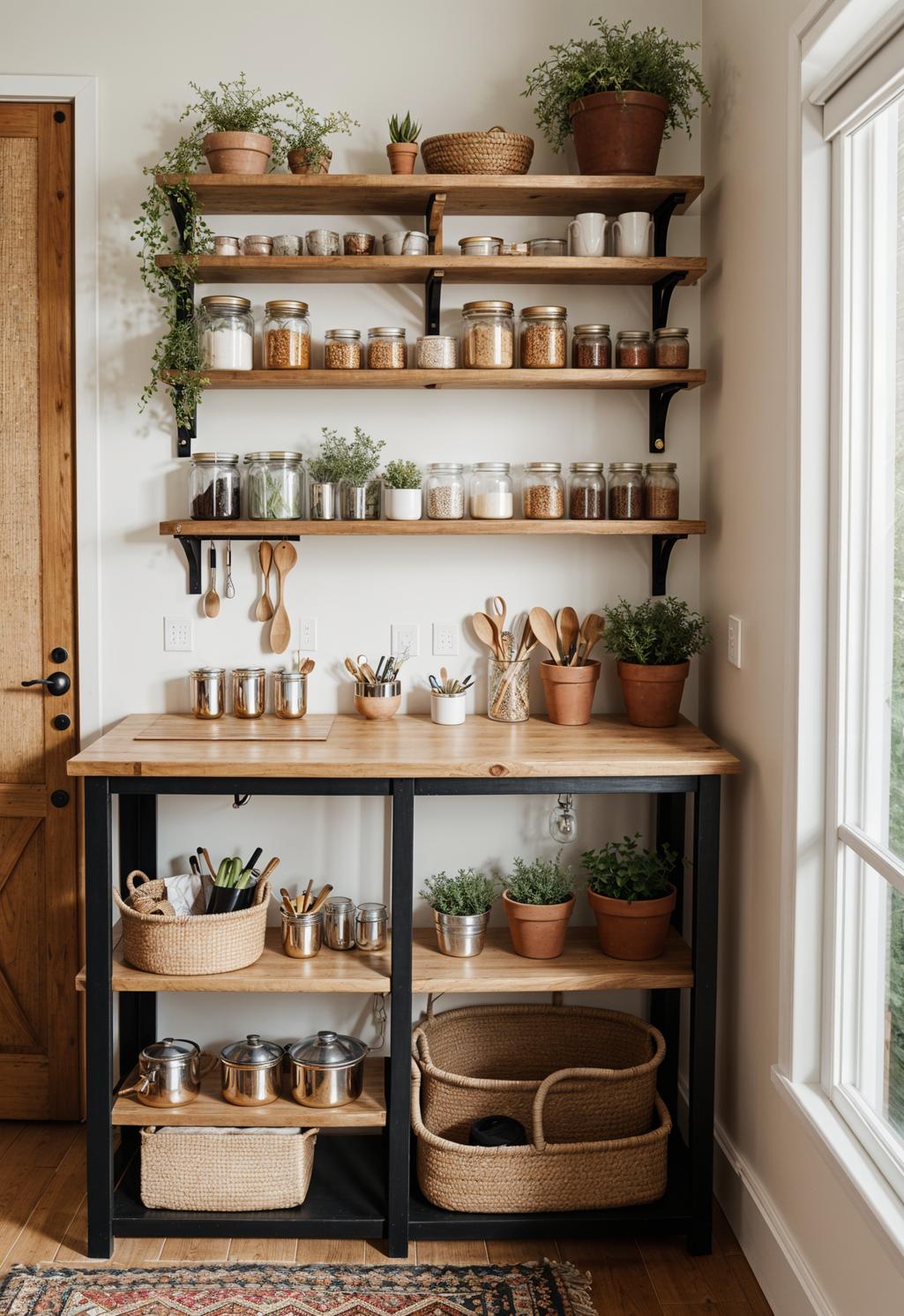 27 Stunning Boho Kitchen Designs That Will Inspire You 35 22. Chic Boho Potting Bench with Mason Jar Storage-1