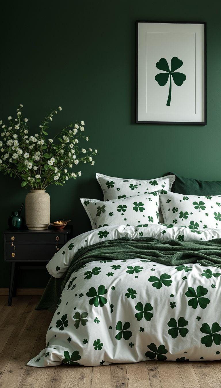 20 elegant black and green bedroom ideas that you have to see 49 16. Chic Clover Charm: Use clover pattern textiles with a black minimalist decor for an airy look 0