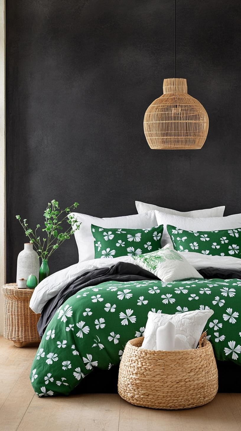 20 elegant black and green bedroom ideas you have to see 50 16. Chic Clover Charm: Use clover pattern textiles with a black minimalist decor for an airy look 1