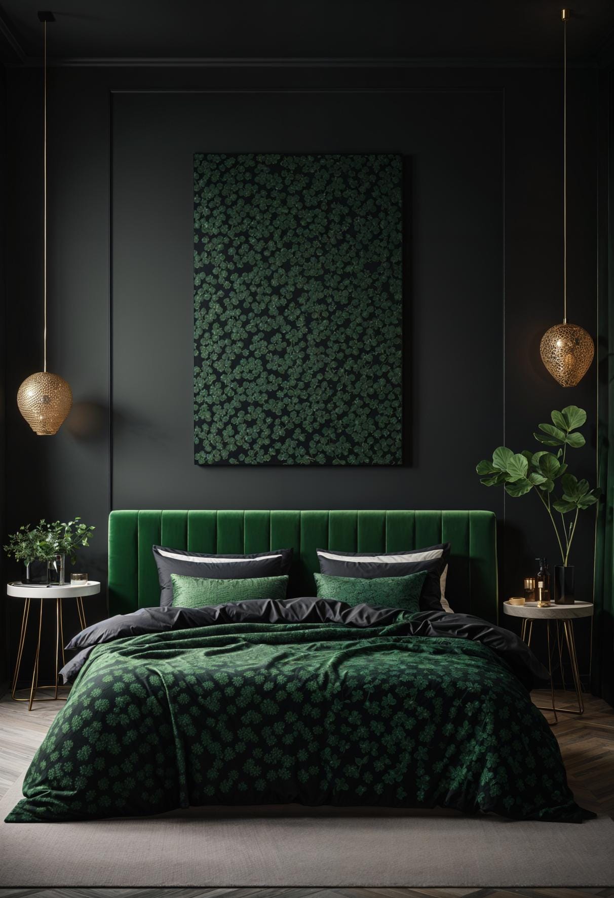 20 elegant black and green bedroom ideas that you have to see 51 16. Chic Clover Charm: Use clover pattern textiles with a black minimalist decor for an airy Look-2