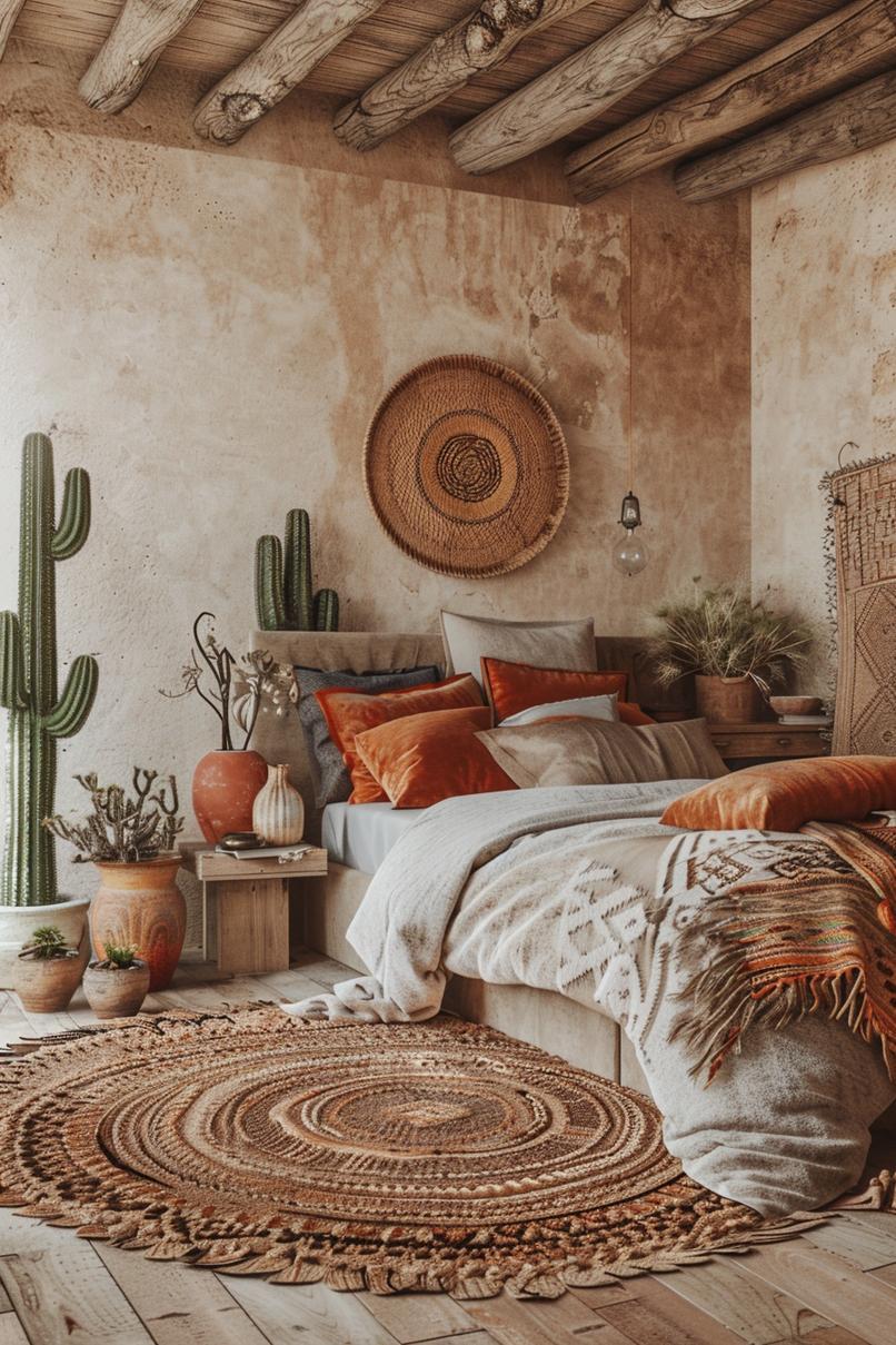 29 wunderschöne neutrale Boho -Schlafzimmer: verträumte und entspannende Räume 36 17. Chic Desert Boho Schlafzimmer Vibes-0