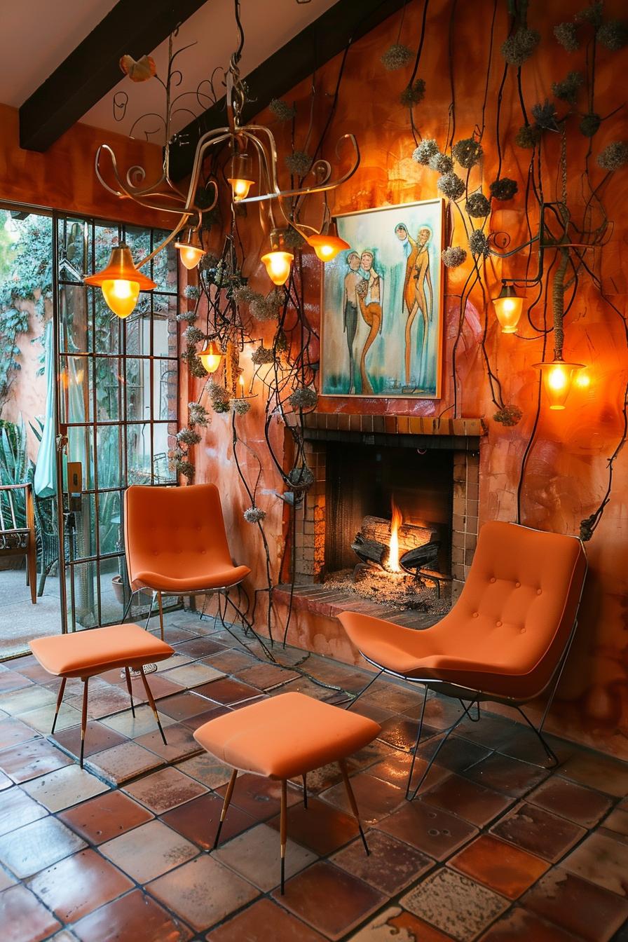 21 Cozy middle of the century modern living room ideas 12 4. Chic chimney wall with benches-0