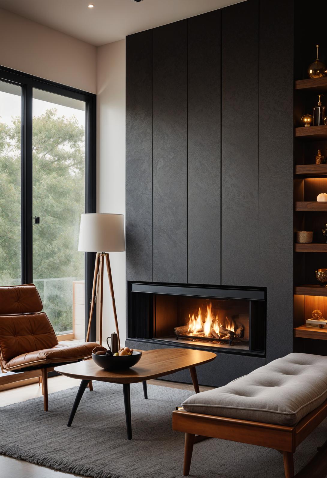 21 Cozy middle of the century modern living room ideas 13 4. Chick Fireplace Wall with Bänken-1