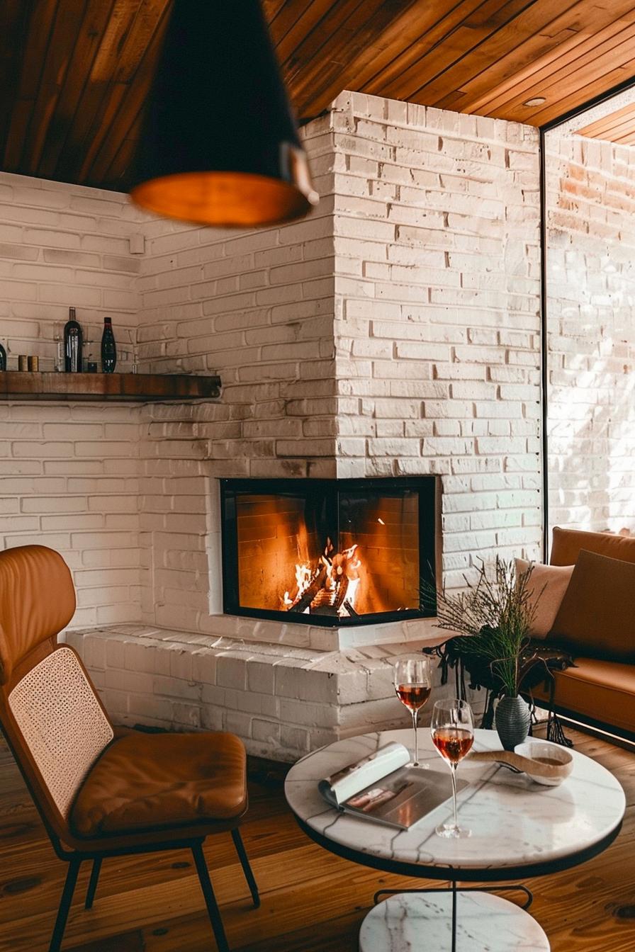 21 Cozy middle of the century modern living room ideas 14 4. Chick Fireplace Wall with Bänken-2