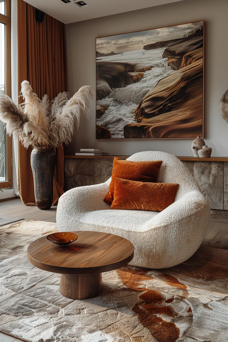 21 Cozy middle of the century modern living room ideas 7 2. Chic Lounge Retreat: Velvet armchair-1