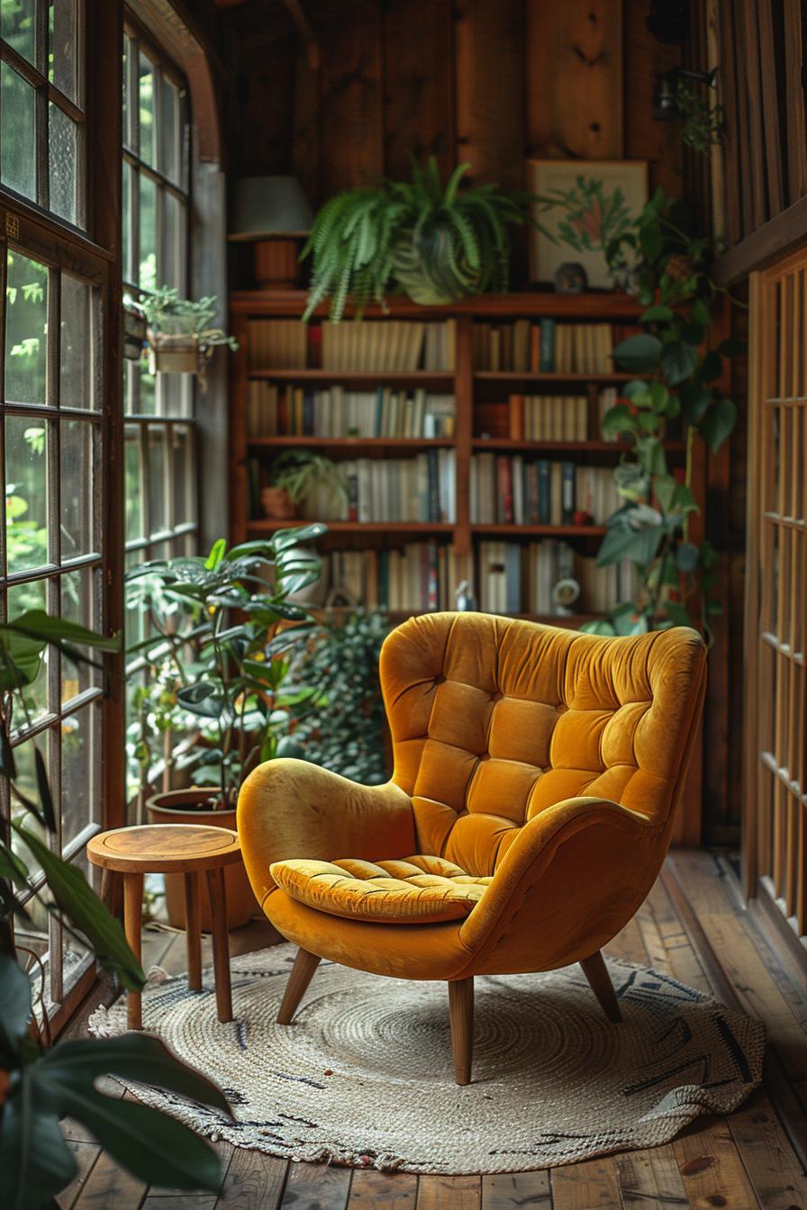 21 Cozy middle of the century modern living room ideas 8 2. Chic Lounge Retreat: Velvet armchair-2