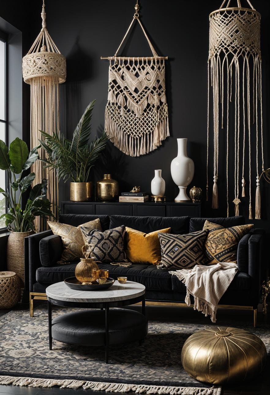 35 Gorgeous Dark Boho Living Room Inspirations 39 23. Chic Noir Boho Living Room-1