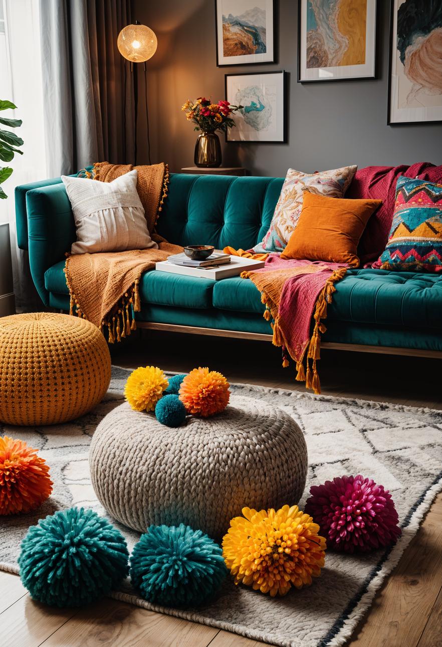 45 Chic & Modern Boho Living Room Ideas To Copy 90 44. Chic Pom-Pom Throw Blankets-0
