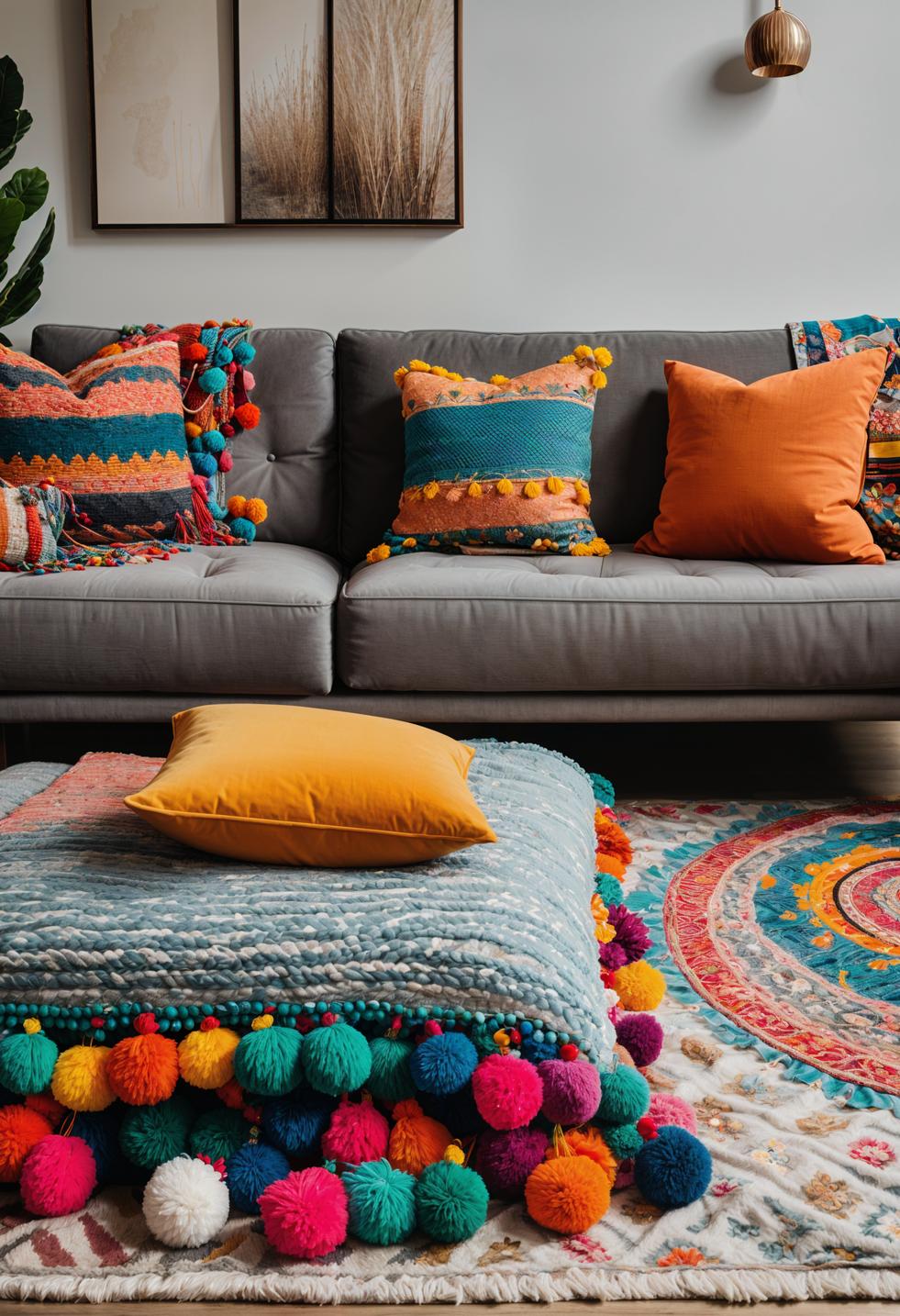 45 Chic & Modern Boho Living Room Ideas To Copy 91 44. Chic Pom-Pom Throw Blankets-1