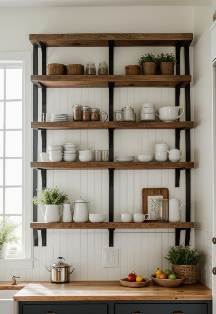 33 Modern Farmhouse Kitchen Ideas: Blending Rustic Charm with Contemporary Design 40 31. Chic Shelving for Decorative Dishes-0