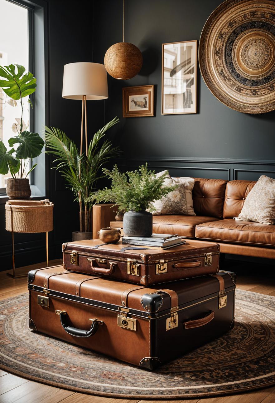 45 Chic & Modern Boho Living Room Ideas To Copy 5 2. Chic Suitcase Coffee Table Transformation-0
