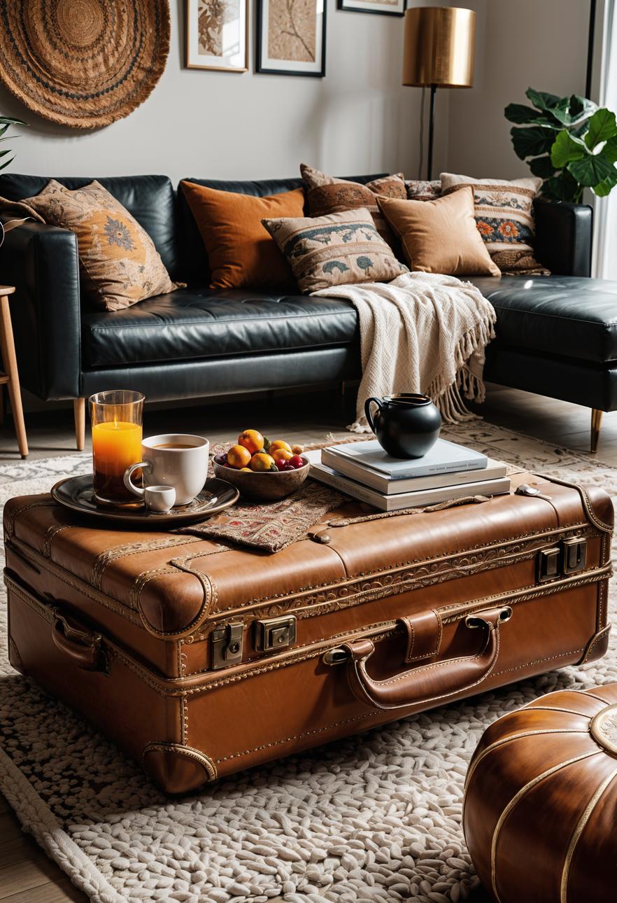 45 Chic & Modern Boho Living Room Ideas To Copy 6 2. Chic Suitcase Coffee Table Transformation-1