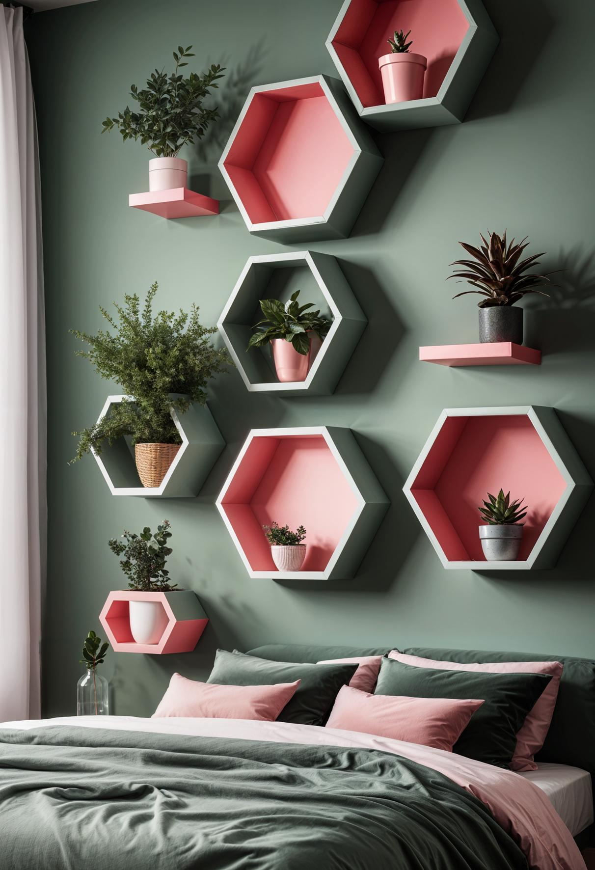 31 Chic Sage Green and Pink Bedroom Inspirations 35 23. Chic Wall Design with Floating Shelves-0